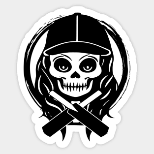 Female Cricketer Skull and Cricket Bats Black Logo Sticker